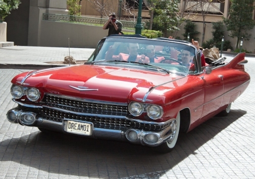 Jersey Boys arrive at Paris Las Vegas in a vintage 1959 red Cadillac Convertible